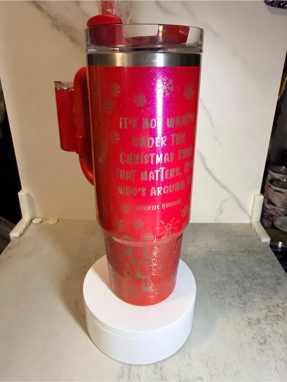 Stanley Metallic Hot Pink Travel Mug with Handle and Silver Accents - Picture 3 of 4